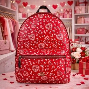 Coach‎ Charlie Red White Lace Hearts Floral Pattern Backpack Bag Work School